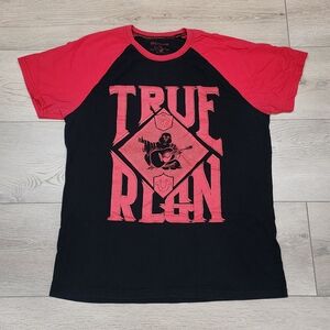 True Religion Men's T-Shirt Red and Black Buddha Logo Print Size L